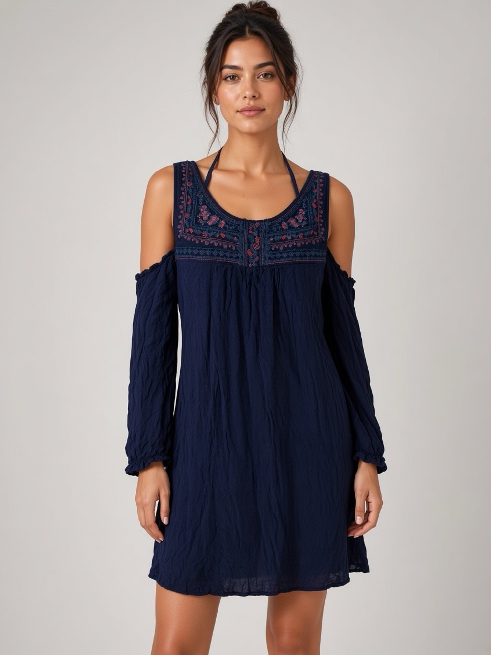 Knox Rose Navy Tunic Dress with Red Floral Embroidery